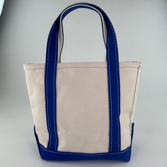 VTG L.L.Bean Boat & Tote Heavy Duty Canvas Bag Beige Blue Tote Handbag Bags - Picture 2 of 12